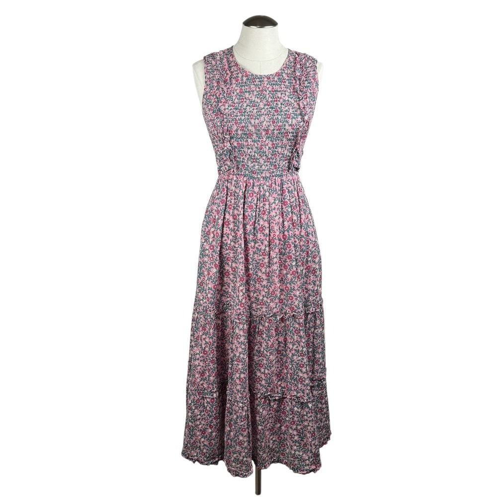 BANIANAN‎ Women's Pink Floral Smocked Tiered Maxi Dress Midi Boho Festival Small
